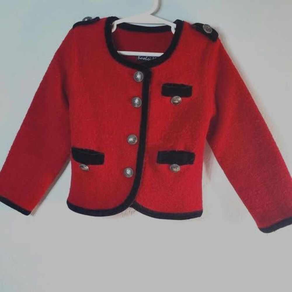 Vintage Girls Red Boiled Wool Jacket Unique Star Buttons Size S/M